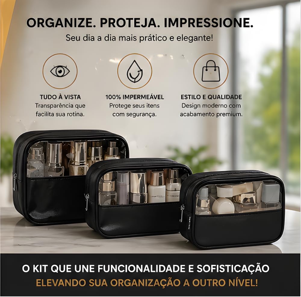 Kit Necessaire 3 em 1 Bolsa de Viagem para Maquiagem e Higiene Pessoal Unissex Washbag Transparente – Grande Capacidade Organizador em PVC Impermeável Ideal para Academia, Mala, Mala de Mão (Preto) Kit Necessaire 3 em 1 Bolsa de Viagem para Maquiagem e Higiene Pessoal Unissex Washbag Transparente – Grande Capacidade Organizador em PVC Impermeável Ideal para Academia, Mala, Mala de Mão (Preto)