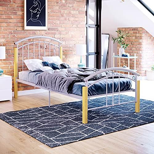 Vida Designs Venice Single Bed, 3ft Bed Frame Metal & Wood Solid Headboard Low Foot End Bedroom Furniture, Silver