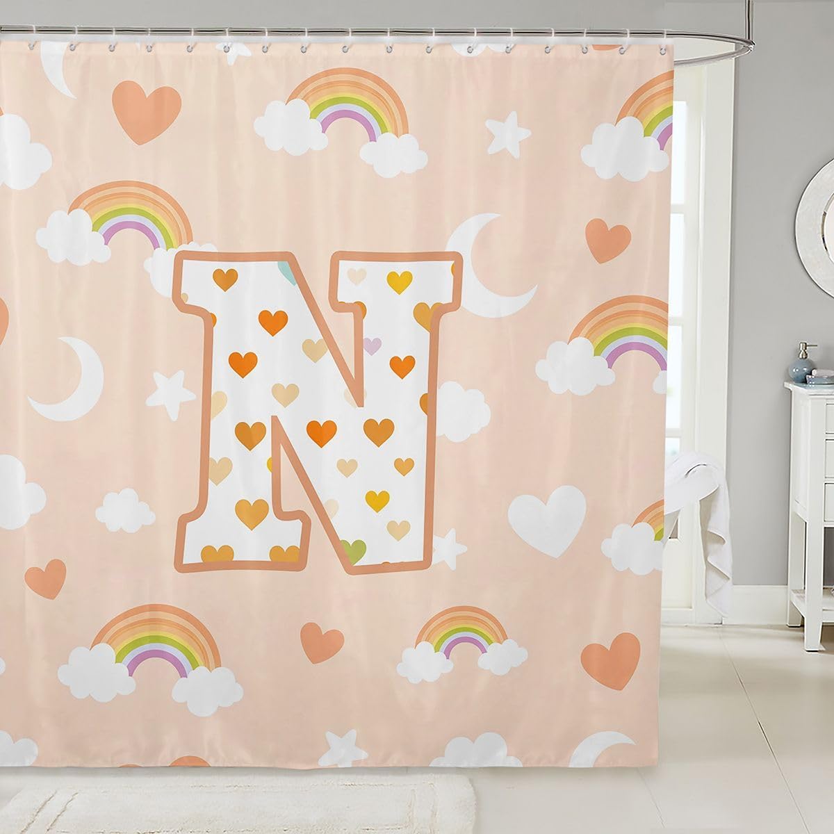 jejeloiu Cute Orange Rainbow Shower Curtain Star Moon Print Bath Curtain Personalized Letter N Bathroom Waterproof Accessories with 12 Hooks Colorful Love Heart Waterproof Polyester,72x72 Inches