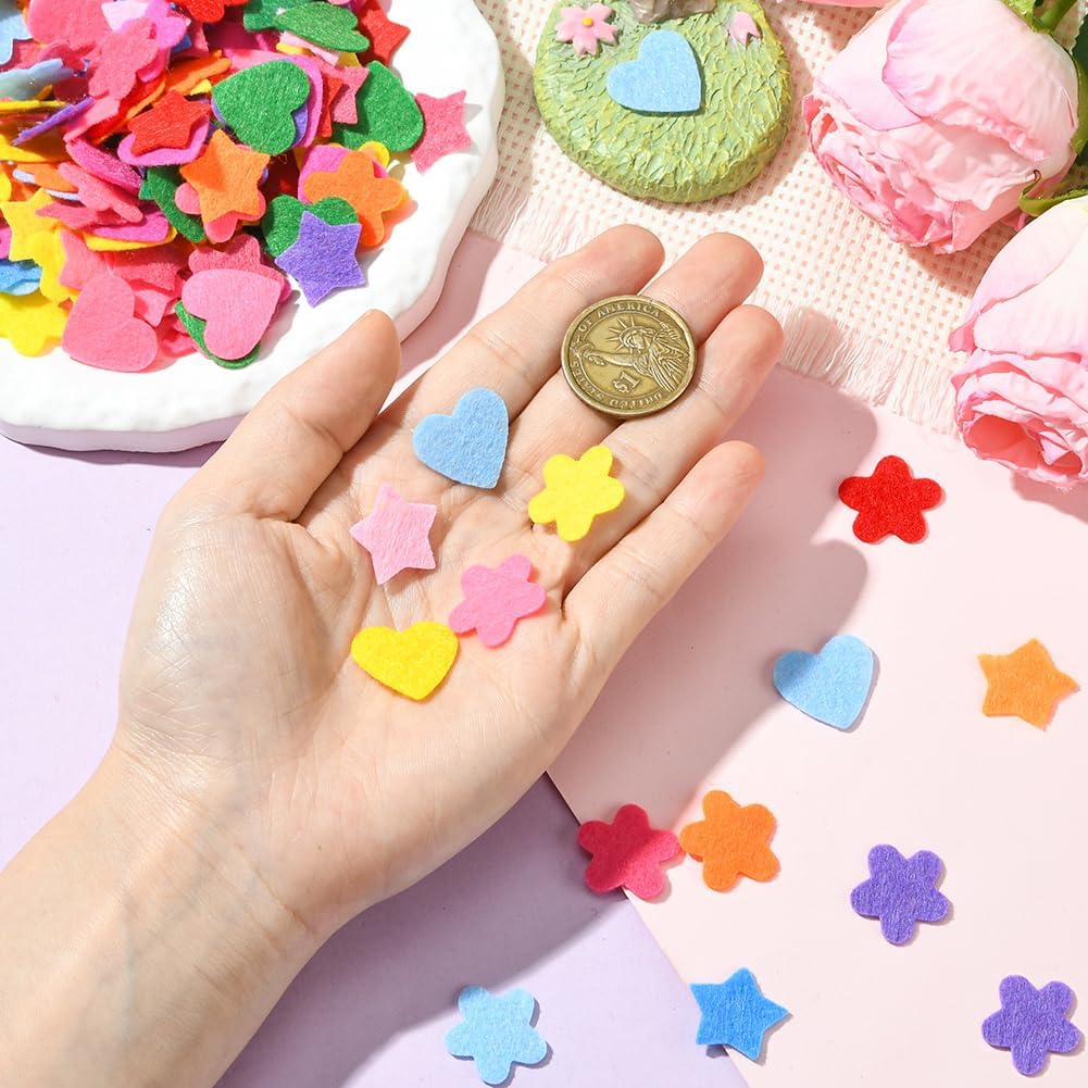SUNNYCLUE 300Pcs 3 Styles Felt Shapes Fabric Ornament Kit Assorted Random Mixed Colorful Non Woven Flowers Heart Star Handmade Embellishments for DIY Crafting Sewing Clothes Bags Hats Decorations