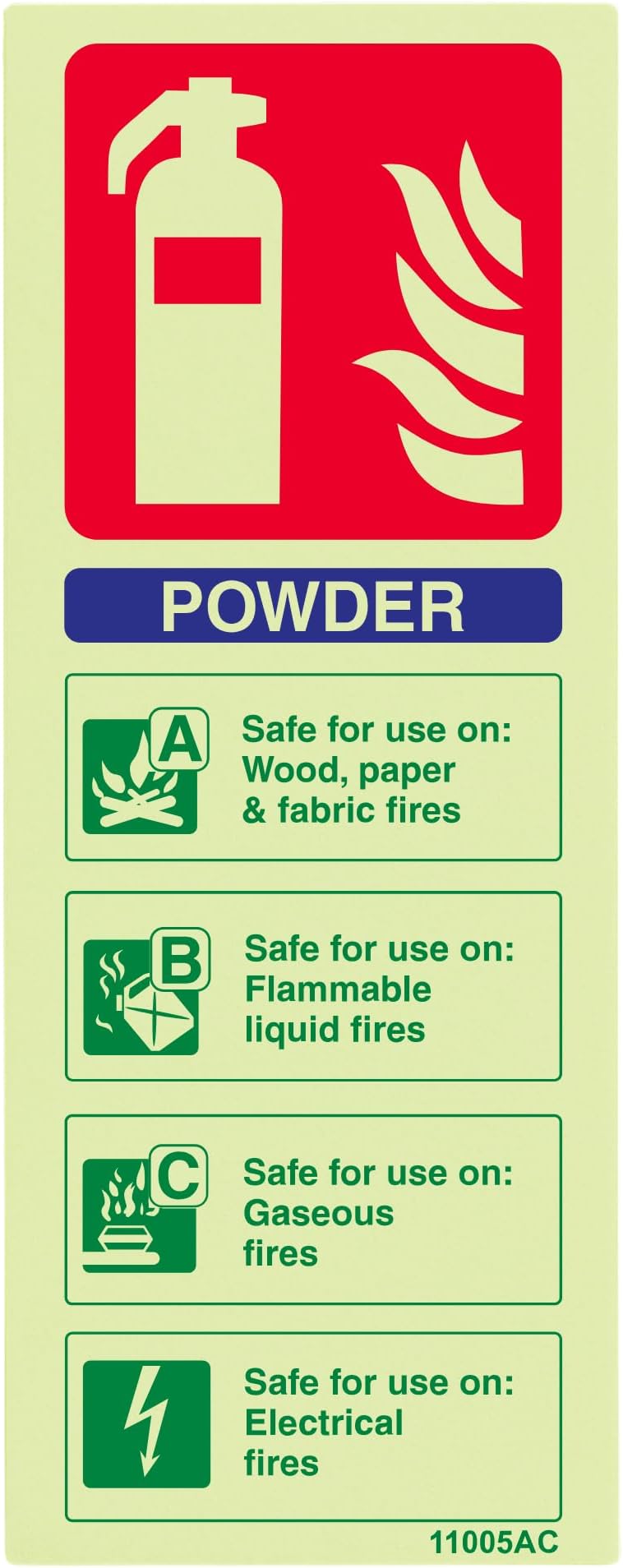 V Safety Glow In The Dark Powder Id Fire Extinguisher Sign - 75mm x 200mm - Rigid Plastic, Blue/Green/Red, 11005AC-G