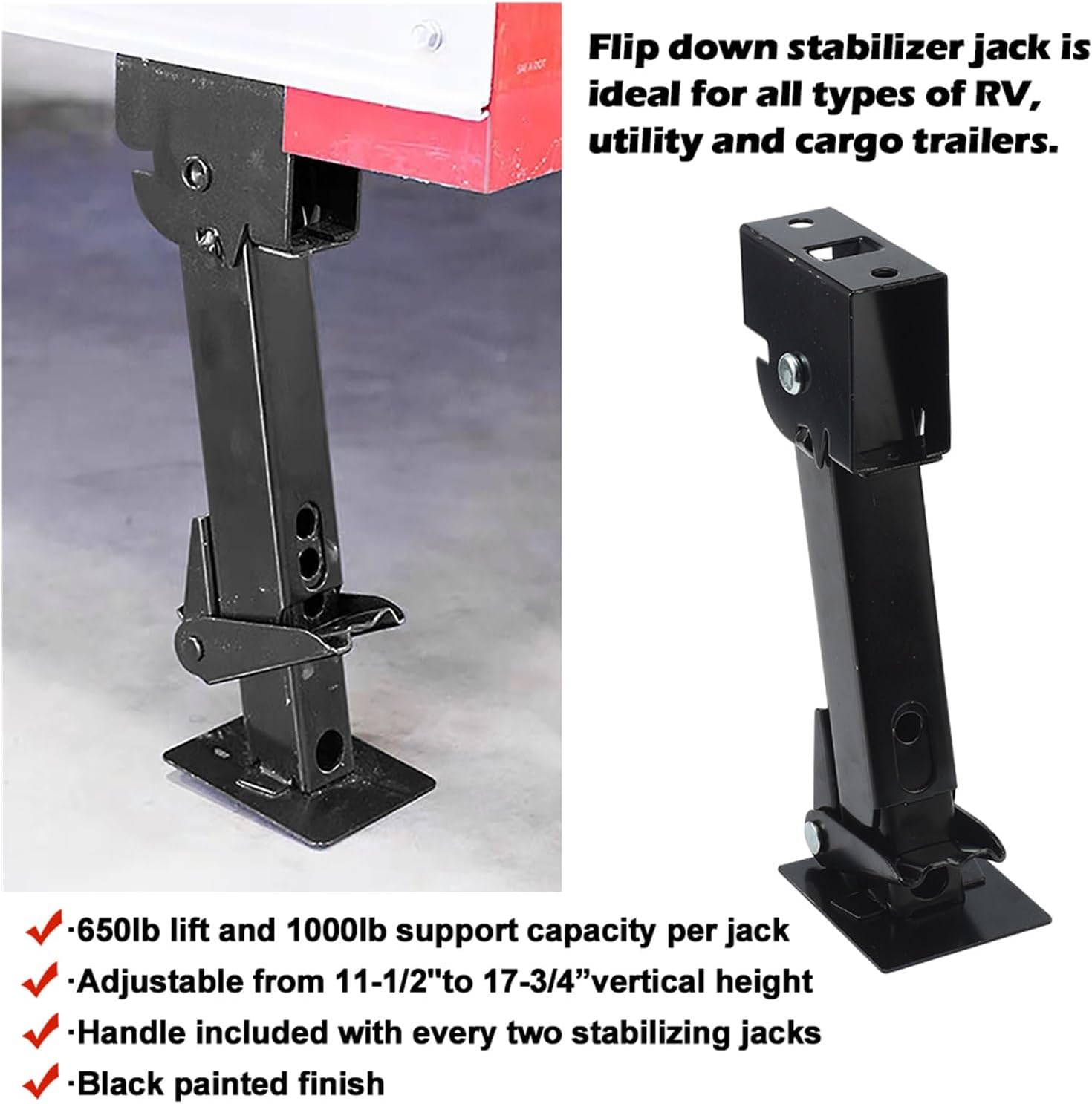 2Pcs Trailer Stabilizer Jack RV Telescoping Drop Leg with Max Load 650Lbs Adjustable Camper Swing Down Rod for Cargo Trailer