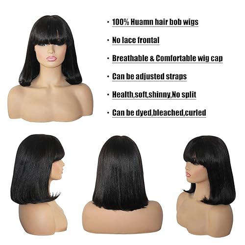 Miniatura 3 de Savasana Pelucas estilo Bob para mujeres negras, cabello humano ligero Yaki lacio, marrón, pelucas sin pegamento, 8 pulgadas