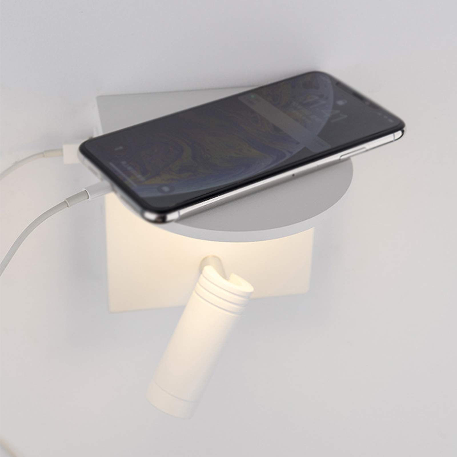 Lámpara de pared Lámpara de pared con estante, Lámpara de cama con USB, con foco de lectura ajustable, Foco de pared ajustable con interruptor, Lámpara de lectura de cabecera LED, 3W + 5W, Blanco