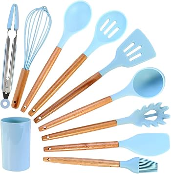 Silicone Cooking Utensils Set, 10Pcs Kitchen Utensil Set with Holder, Non-Stick Cookware, Heat Resistant Kitchen Gadgets Utensil Gift,Light Blue
