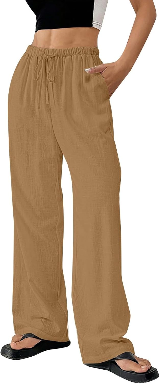 Womens Cotton Elastic High Waist Palazzo Pants Wide Leg Pants Casual Lounge Pant Trousers