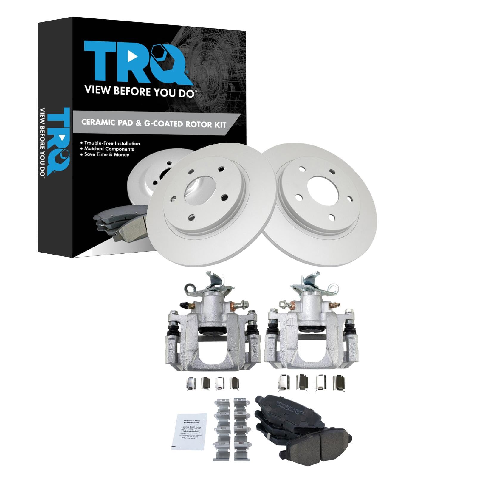 TRQ Rear Brake Pad and Rotor Set Ceramic Solid Rotors Calipers