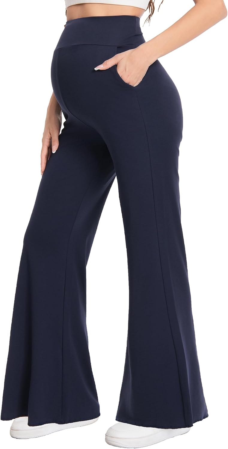 Women's Maternity Flared Pants with Pockets, Soft Stretchy High Waist Loose Wide Leg Pregnancy Yoga Casual Pants