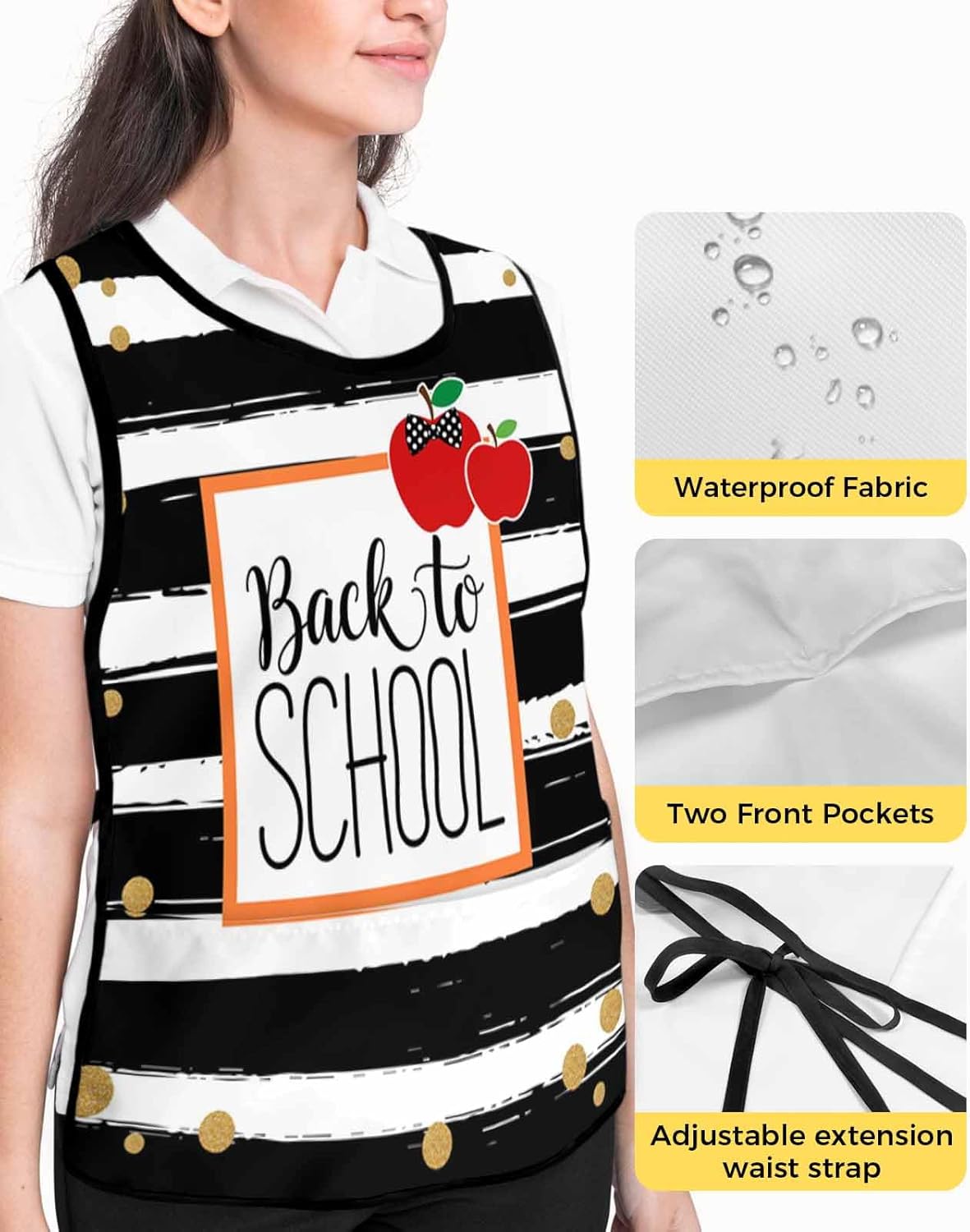 Black White Sriped Cobbler Aprons with 2 Large Pockets for Men Women,School Geometric Fruit Bow Polka Dot Cobbler
