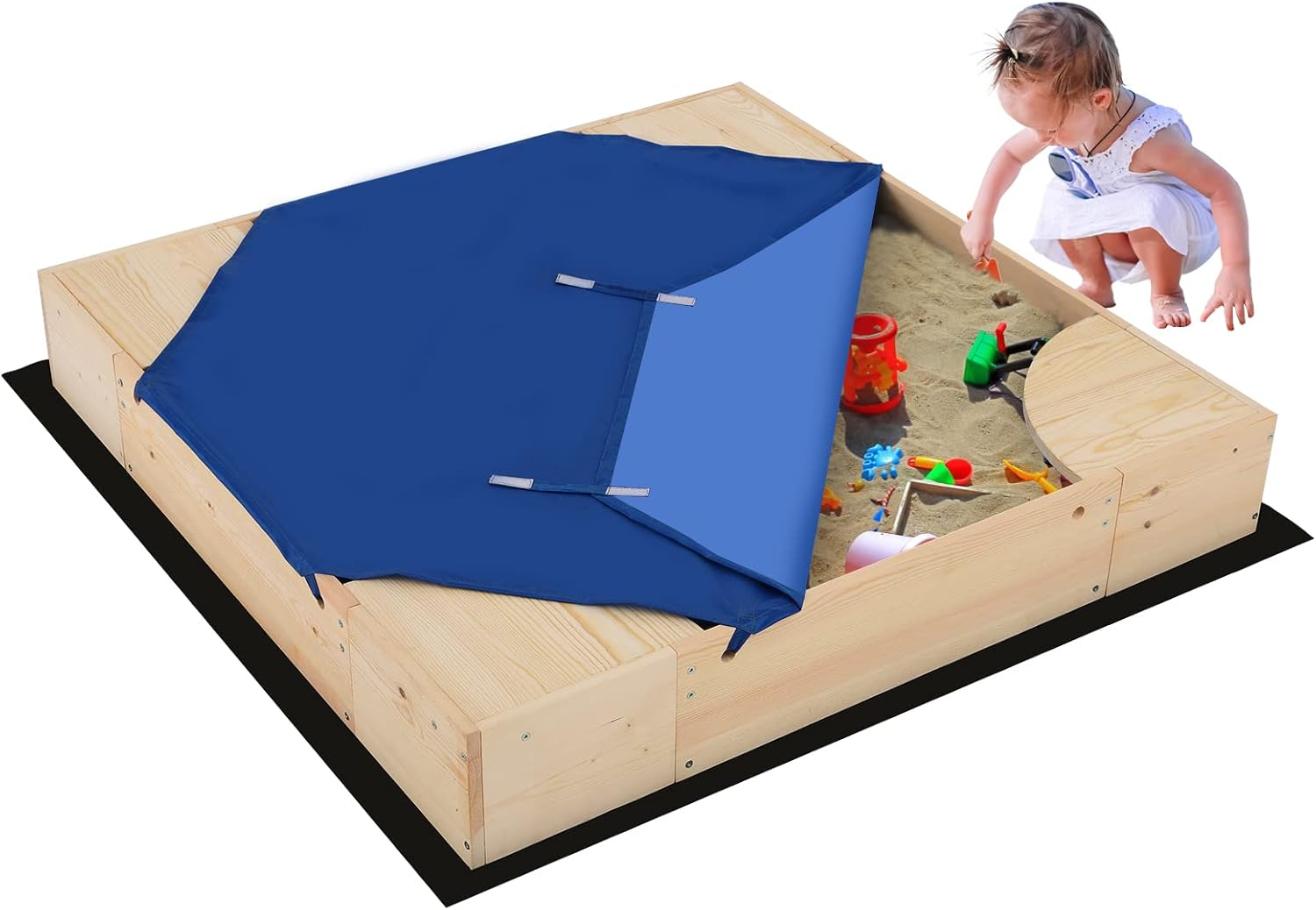 BAHOM Kids Sandbox with Cover, Wooden Sand Box with Bottom