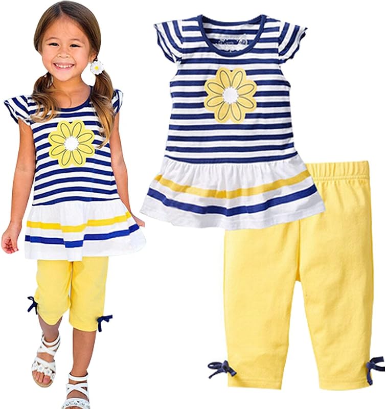 LUKYCILD Ropa de verano para niñas, conjunto de ropa bonita, remera a rayas y pantalones