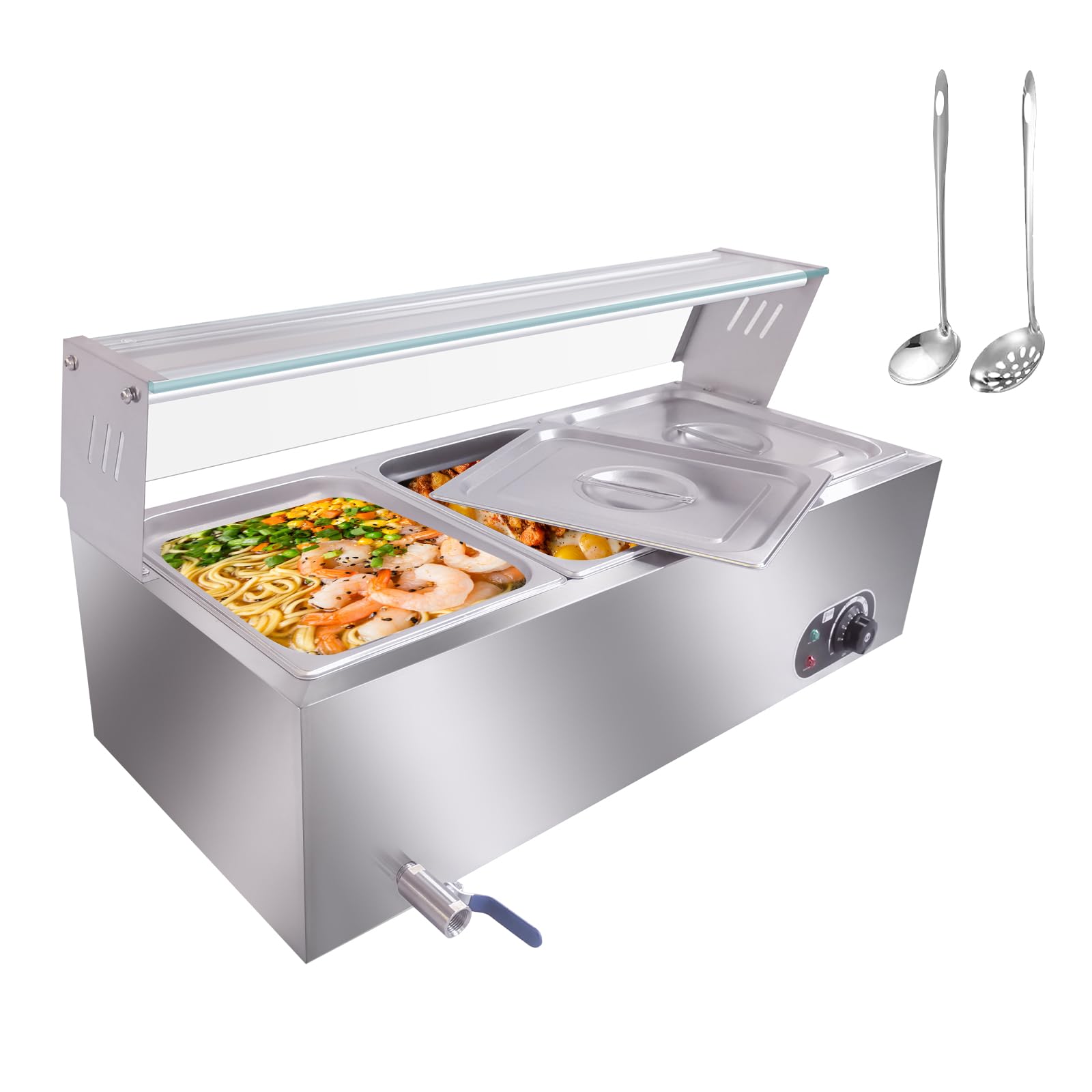 Garvee3-Pan Commercial Food Warmer, 36 Qt Electric Bain Marie with 6" Deep Pans,Steam Table with Tempered Glass Cover, 1500W Countertop Stainless Steel Buffet Bain Marie 86-185°F Temp Control