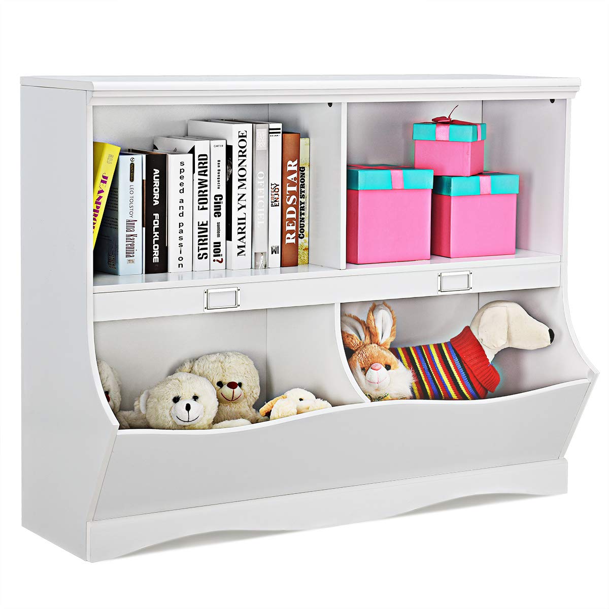 KOMFOTTEU Kinder Bücherregal groß, Spielzeugregal Kinderzimmerregal aus Holz, Spielzeugschrank mit 4 Aufbewahrungsfach, Kinderregal Organizer für Kinderzimmer Spielzimmer 105,5x39,5x84 cm Weiß