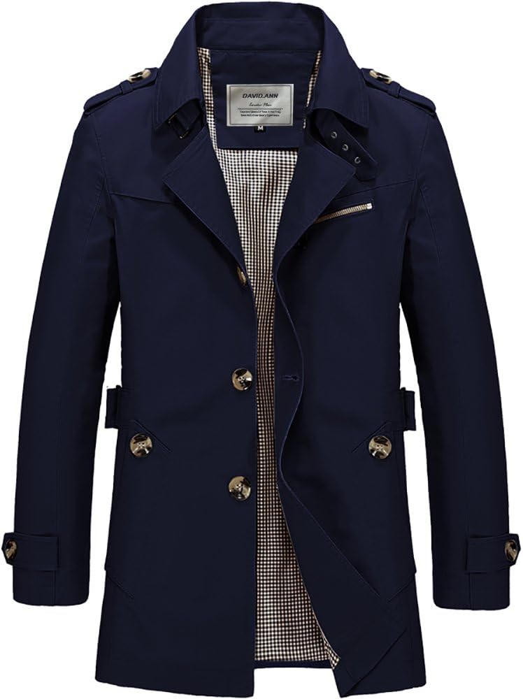 DAVID.ANN Men's Windbreaker Notch Lapel Single Breasted Coat,Dark