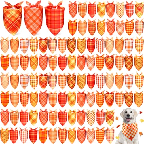 Abbylike 100 Pcs Orange Plaid Dog Bandanas Bulk Warm Color Palette Bandanas for Dogs Triangle Kerchief Bib Scarf for Pet Party Costume Photo Props Accessories Pet Shops Groomers Services, 25 Styles