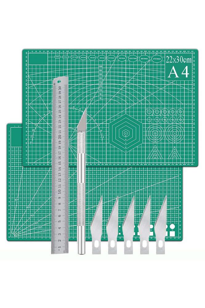 A4 Kesim Matı, Kretuar ve 30 Cm Çelik Cetvel Seti, 1 Adet, 22x30 cm, Çift Taraflı