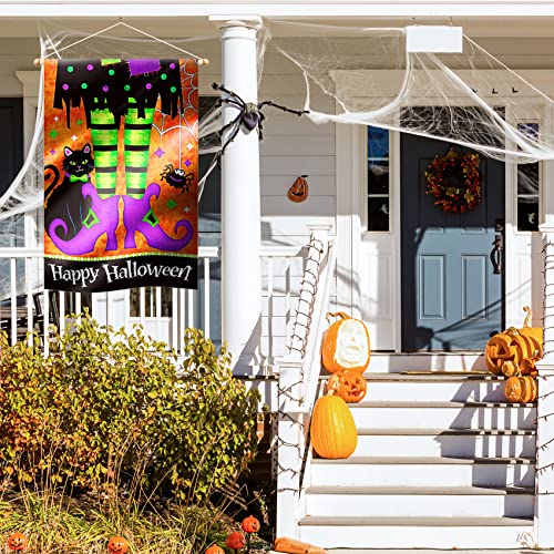 Morigins Trick Or Treat Witch Feet 28 X 40 Black Kitty Spider Decorative Happy Halloween Double Sided House Flag #TOP3