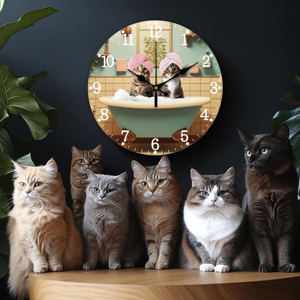 CHGCRAFT Bathroom Wall Clock Non-Ticking Clock 12 Inch Cat Round Decorative Clocks Printed Wall Clock for Home Office Decoration