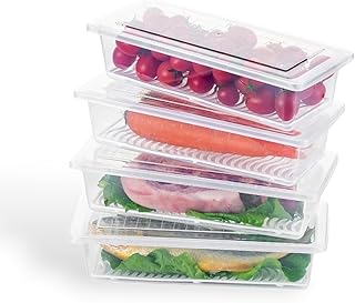HomeWiz Fridge Storage Containers (Pack of 4) 1500ML Each | With Lids & Removable Drain Plate | Stackable Fridge Organizer for Fruits & Vegetables | Kitchen Storage Box
