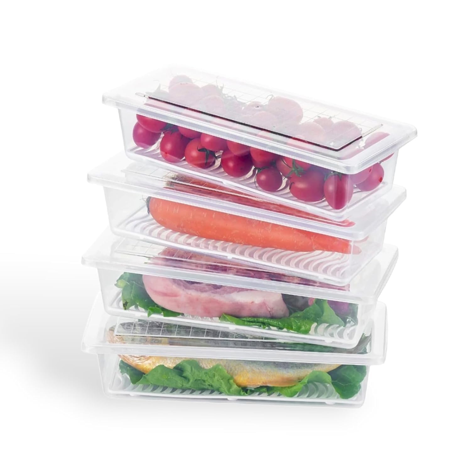 HomeWiz Fridge Storage Containers (Pack of 4) 1500ML Each | With Lids & Removable Drain Plate | Stackable Fridge Organizer for Fruits & Vegetables | Kitchen Storage Box