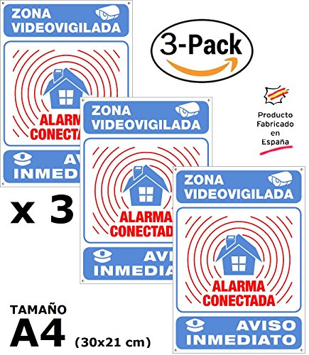 tualarmasincuotas.es Pack o Lote de 3 Carteles disuasorios A4 Interior/Exterior Premium y Ultra-Resistentes, Placas disuasorias METÁLICAS, 30x21 cm