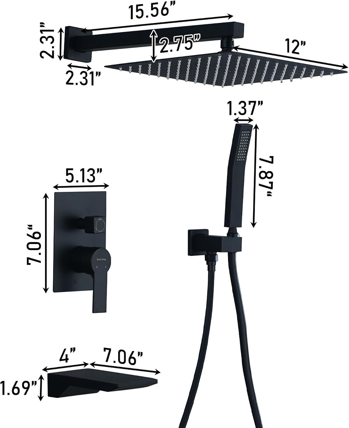 Boyel Living 12 Inch Shower System with Tub Spout，Matte Black Rain Shower Head with Handle Spray,Wall-Mounted Bathtub Faucet Set with Valve,Stainless Steel