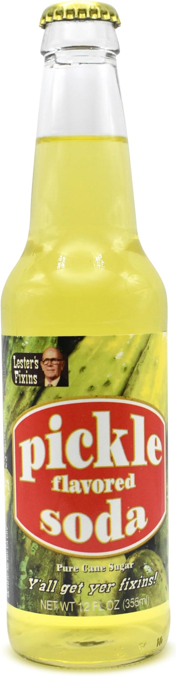 Rocket Fizz Lester's Fixins Pickle Soda Flavor | Cane Sugar | Craft Soda Pop Drinks | 12 oz in Glass Bottle (Single Bottle)