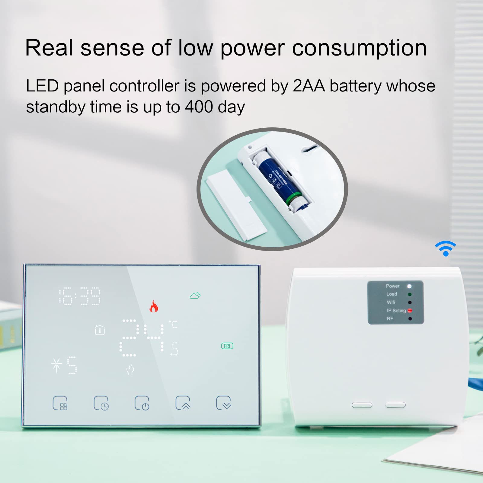 Inteligentny termostat RF Wifi do ogrzewania elektrycznego Programowalny termostat ścienny współpracuje z Alexa Google Home, wyświetlacz dotykowy bezprzewodowy regulator temperatury, bateria 2AA