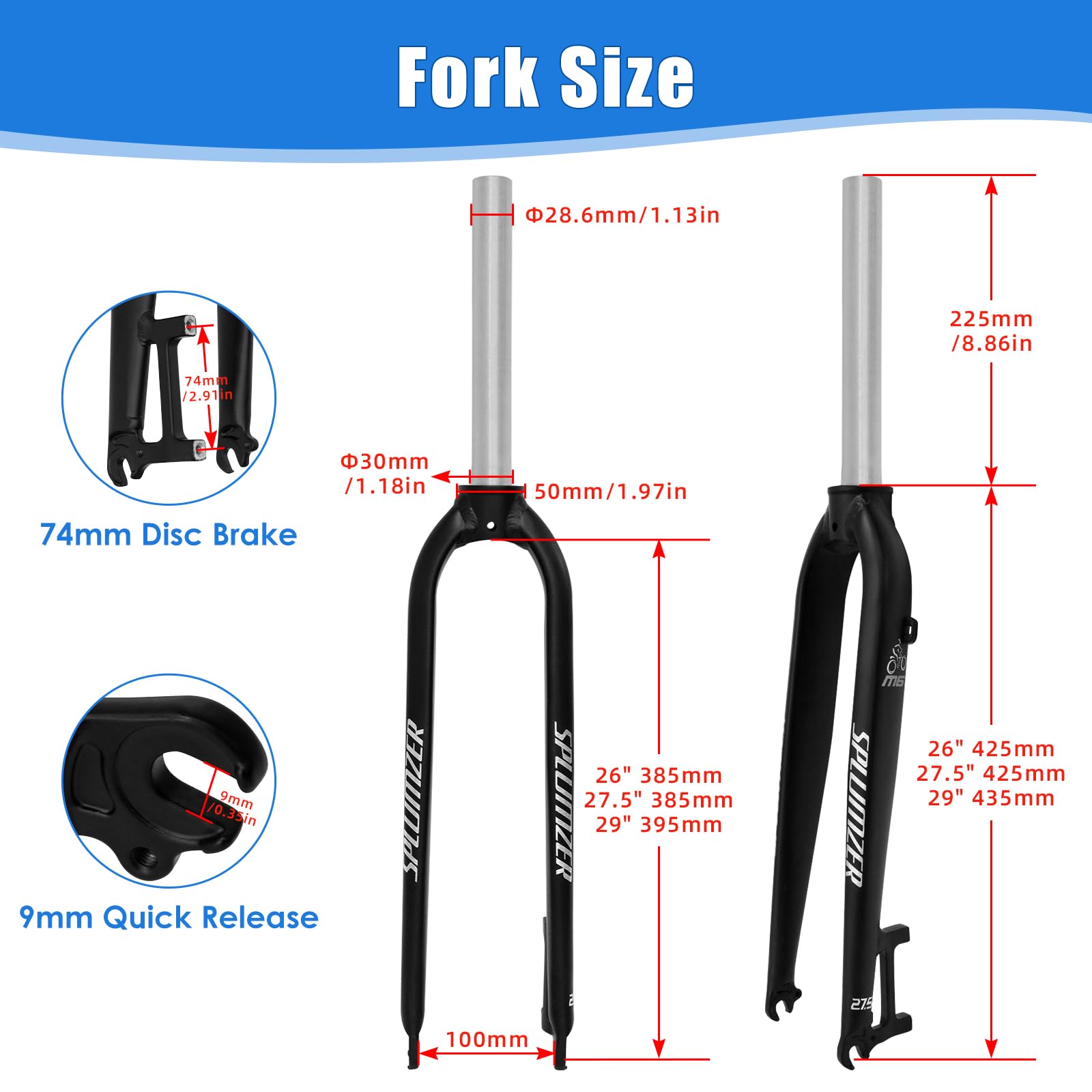 1-1/8" 26/27.5/29" Fourche VTT en Alliage d'Aluminium avec Frein à Disque Rigide, 28.6mm Tube Droit sans Filetage Fourche Avant de VTT Superlight