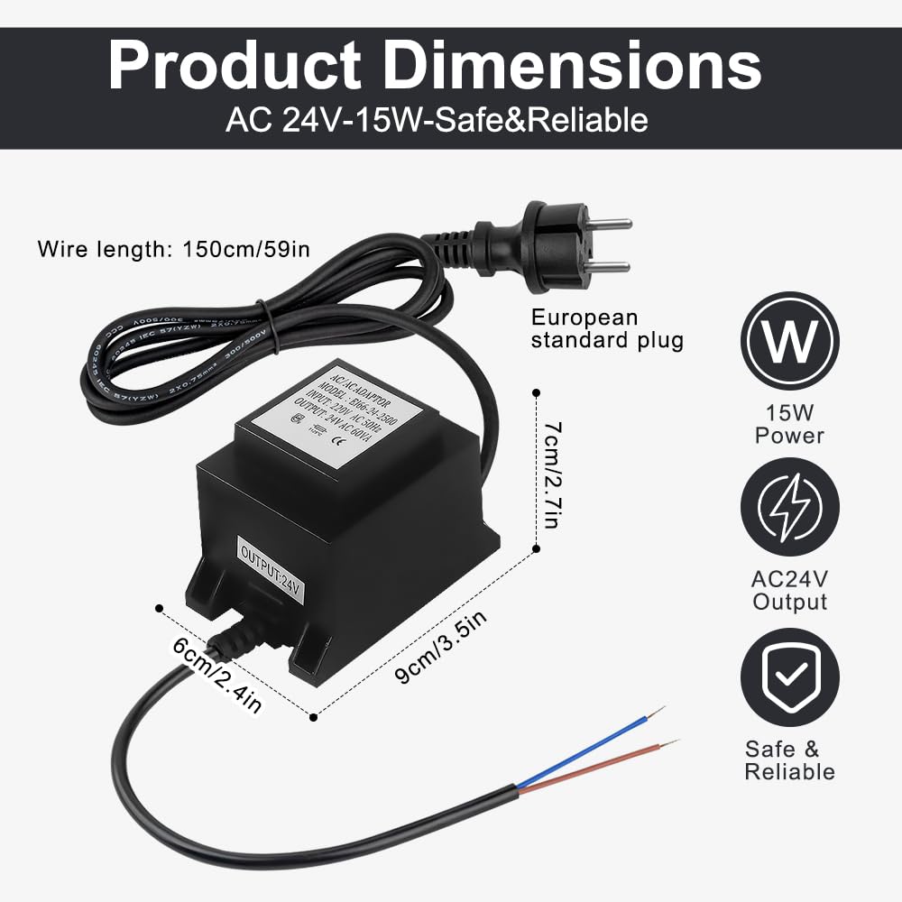 Transformador 220V a 24V, AC/AC 15W Transformador, IP68 Impermeable, Fuente Alimentacion con Enchufe, Fuente Alimentación 24V para Iluminación LED y Bombas de Estanque