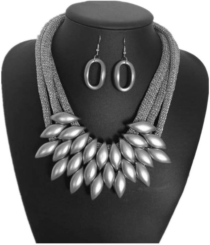 African Bib Tassel Choker Necklace for Women,Chunky Tribal Thick Ethnic Collar Necklace and Earrings Set,Bulky Statement Fashion Costume Jewelry Set(2pcs) - Image 2
