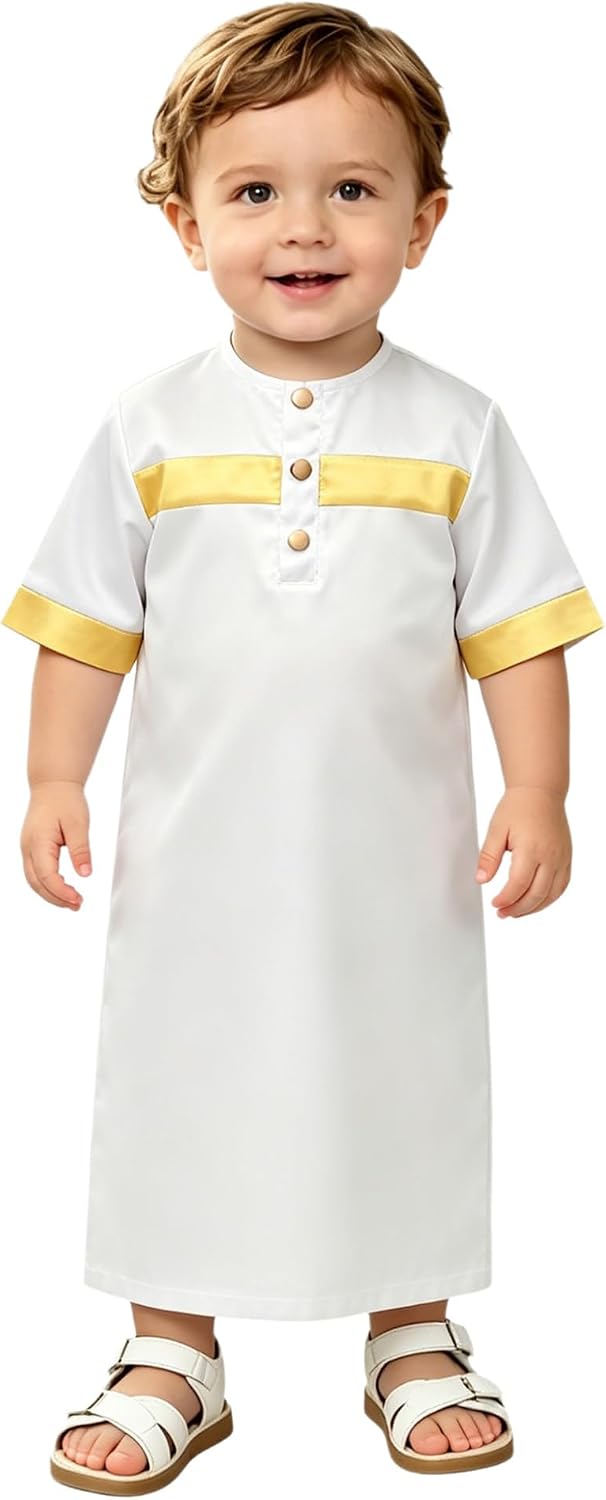iiniim Infant Versatile Middle Eastern Short Sleeve Crew Neck Button Down Thobe Kaftan Outfit for Ramadan Eid Prayer