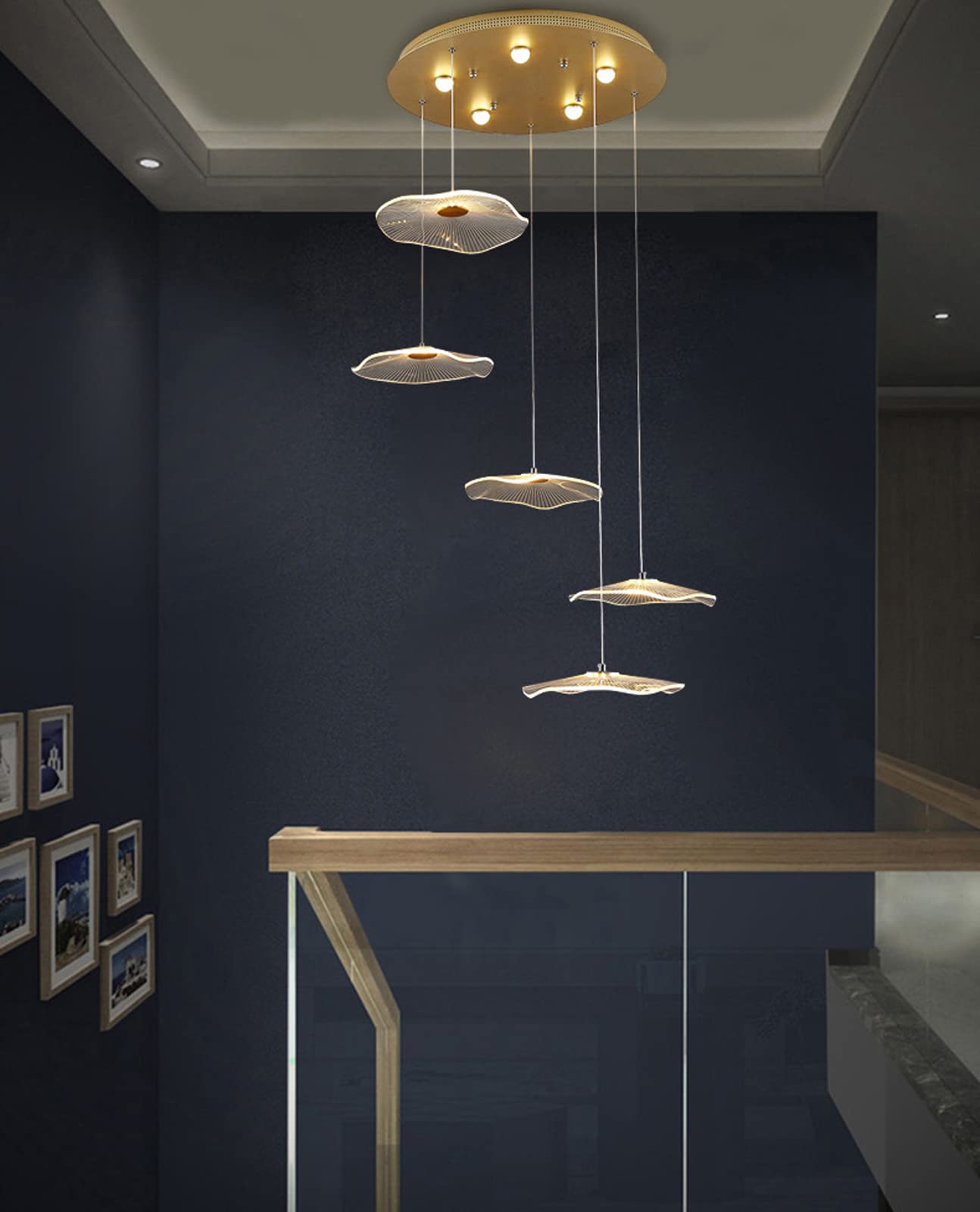 RRJJ Nordic Led Villa Stair Chandelier Lotus Leaf Acrylic Restaurant Creative Living Room Bedroom Hotel Lobby Villa Stair Chandelier Villa Stair Chandelier Stepless Dimming pendnat Ligh