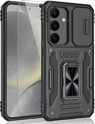 SYONER Funda para Samsung Galaxy S24, a prueba de golpes, con cubierta deslizante para cámara y soporte de anillo giratorio + protector de pantalla