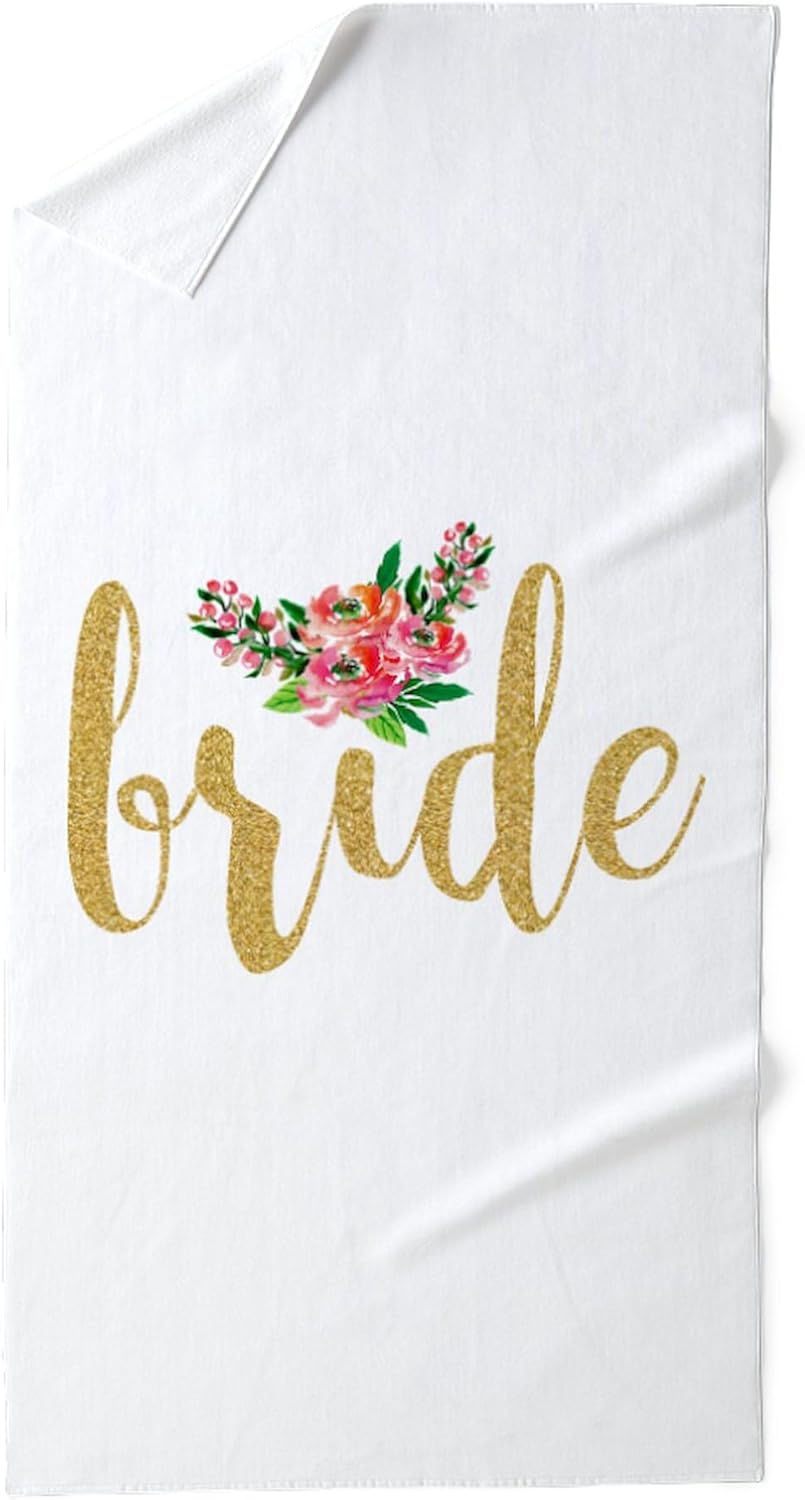 CafePress Gold Glitter Bride Text Floral Accent 30"x60" Absorbent Cotton Back, Soft Beach, Pool Towel