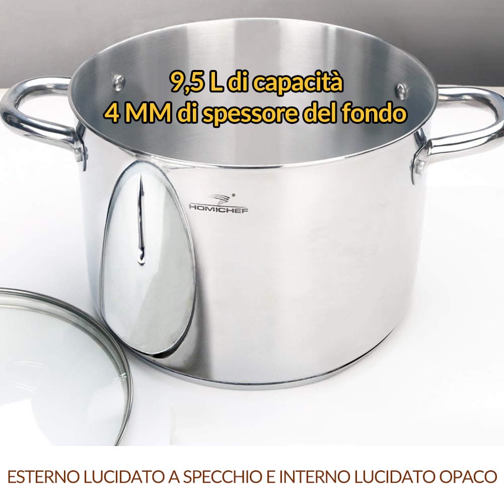 HOMICHEF Pentola in acciaio inossidabile senza nichel da 9,5 litri con coperchio in vetro - Pentola compatta e salutare con finitura lucida a specchio per cottura a induzione (24,5 cm)