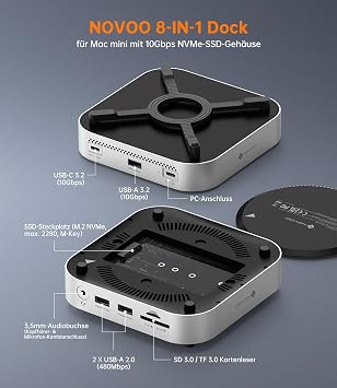NOVOO Mac Mini M4 Dock SSD NVMe Case USB C Hub Stand - All-in-One 10Gbps Extension Docking Station with 8TB NVMe SD/TF Card Reader Audio Magnetic Design Plug & Play for Mac Mini M4/M4 Pro