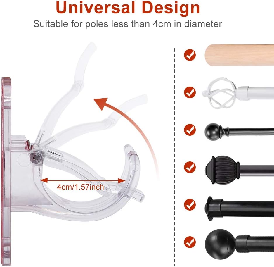 PURATEN Curtain Pole Bracket, 4/8pcs Universal Self-Adhesive Curtain Rod Holder Clear Curtain Rod Bracket for 15 to 39mm Diameter Pole with Screws (4pcs) : Home & Kitchen