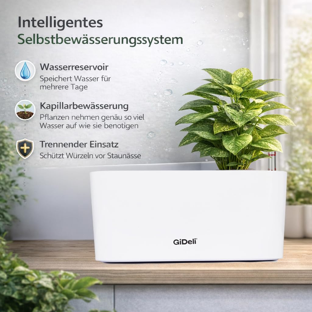 GiDeli Vaso da fiori autoirrigante – Vaso autoirrigante con indicatore del livello dell'acqua – Vaso per fiori che protegge da trabocco e marciume – Vaso per piante risparmiando tempo