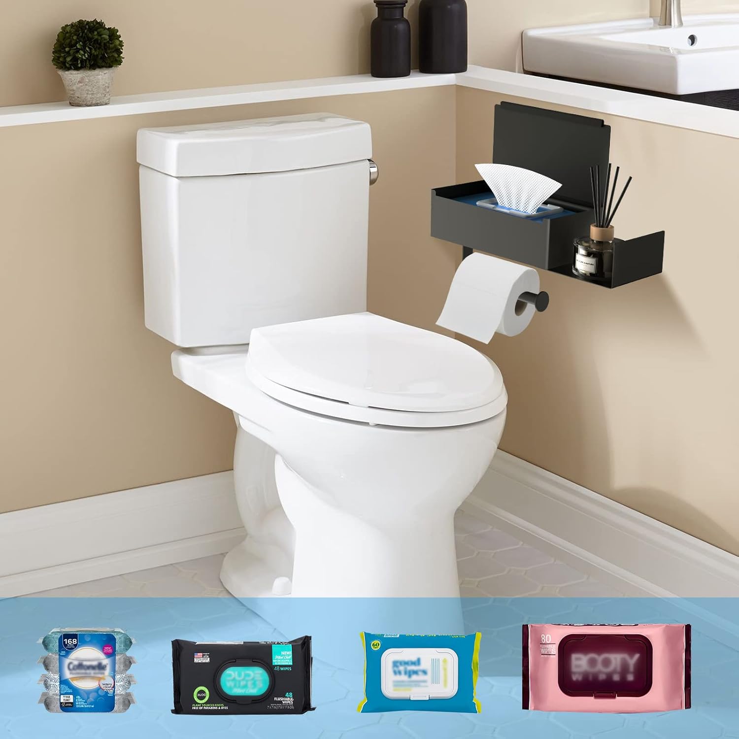 Toilet Paper Holder with Shelf, FUNLEU Self Adhesive Toilet Paper Holder with Storage, Wipe Holder for Bathroom Flushable Wipes Dispenser - Stainless Steel Toilet Holder Wall Mount, Matte Black