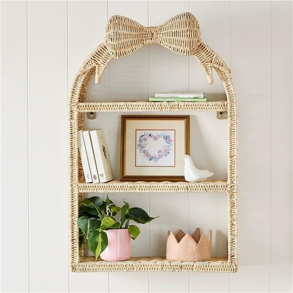 Practical Rattan Bookshelf, Decorative Wall Shelf with Bowknot Design, Floating Shelves for Wall, Small Decorative Shelf for Living Room, Bedroom or Entryway