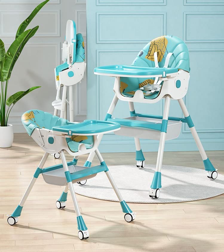StarAndDaisy Folding Baby High Chair Recline Highchair Height Adjustable Feeding Seat Wheels *Upgraded Version with Wheel and PU Cushion pad* (Deep Sea Blue)