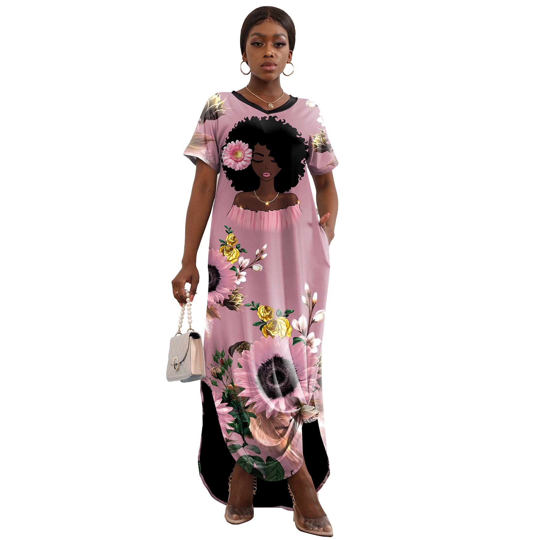 FZNHQLBlack Women Short Sleeve V-Neck Maxi Dress African Melanin Girl Print Casual Floral Long Dresses