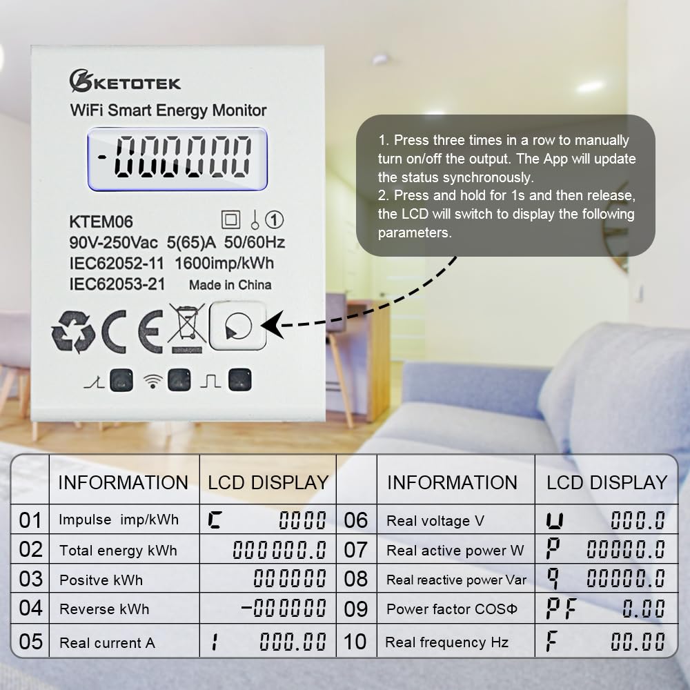 KETOTEK Smart Stromzähler Hutschiene WLAN 1 Phasen Strommessgerät AC 5(65) A 90-250V Digitaler LCD Fernbedienung Din Rail Wechselstromzähler von Smart Life/Tuya App