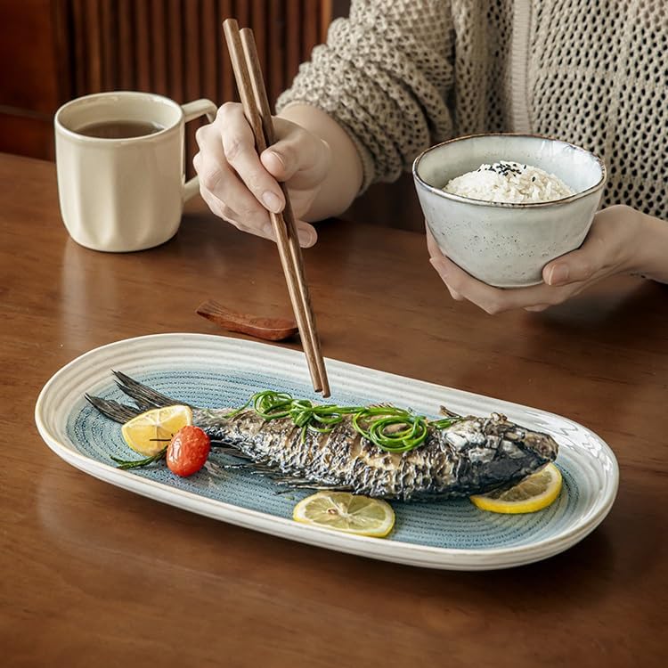 モダンな大型ディナープレート 11インチ 和風朝食用セラミックプレート グラデーションオーバルフィッシュ ホテル 寿司 アフタヌーン