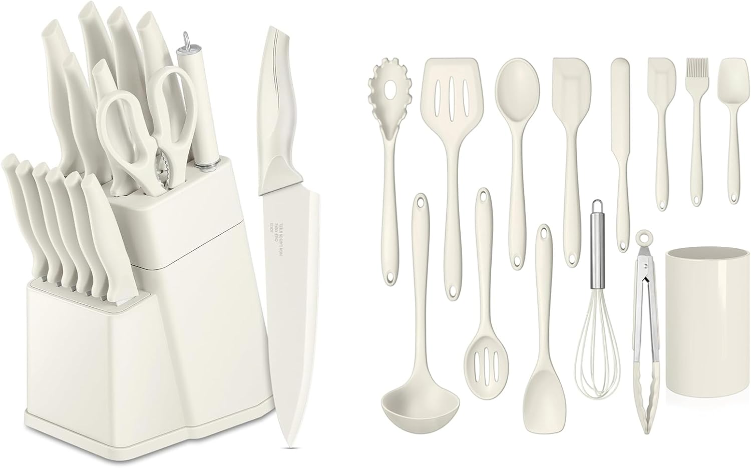 LIANYU Kitchen Utensils Set,29-Piece Cooking Tools and Sharp Knives,Stainless Steel Holder， Cream White