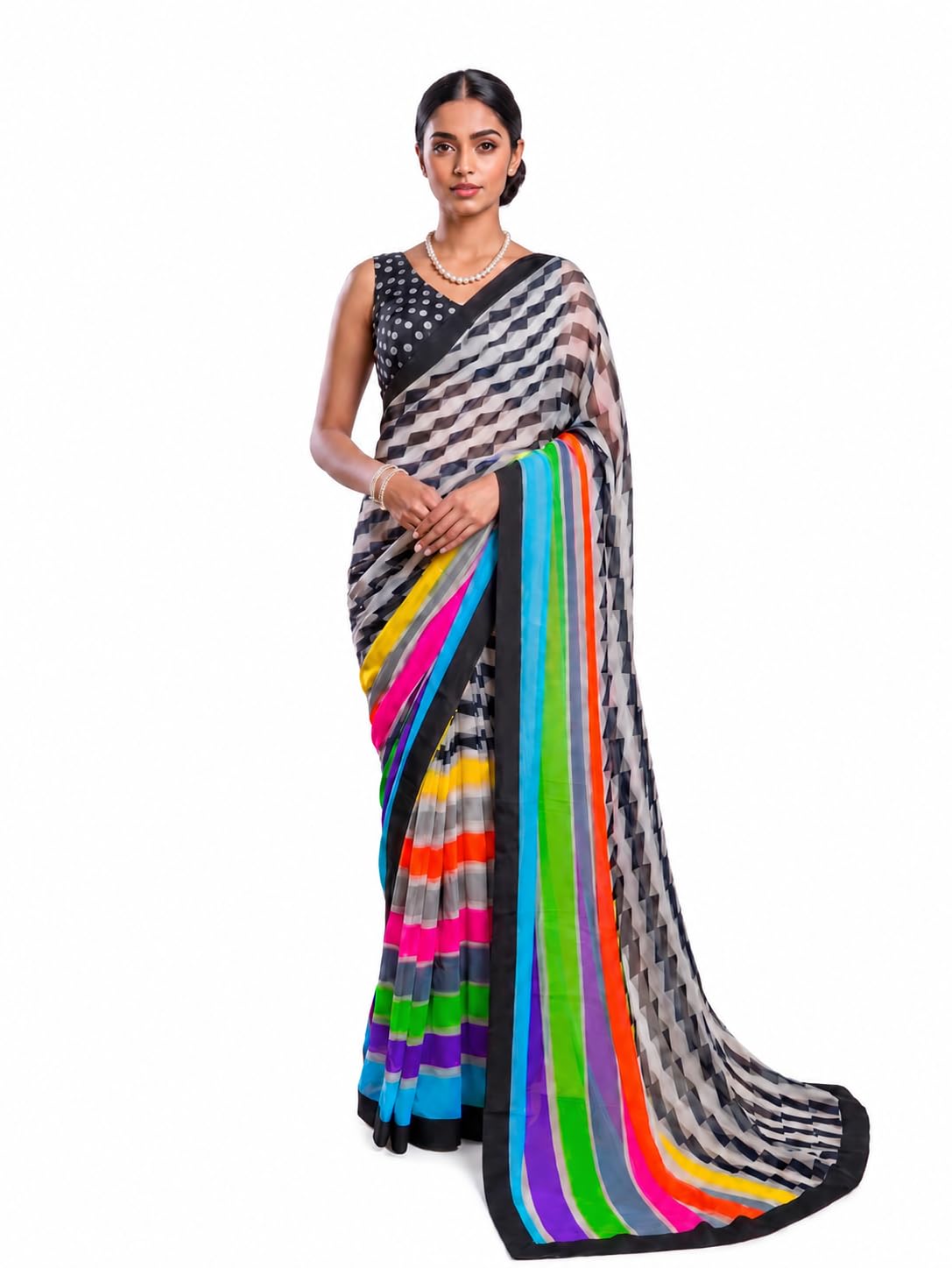 Printed Georgette Saree for Women with Blouse Piece | 6.3 Meter Lightweight Saree | Multicolor Geometric Print | Plain Weave | Festive, Party, Office & Daily Wear-picture-33
