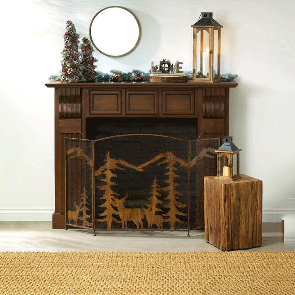 Fireplace Screens Decorative 3 Panel Fireplace Screen Black Spark Guard Cover Elk Christmas Tree Metal Fireplace Screen Fireplace Screen (Color : A) (A)
