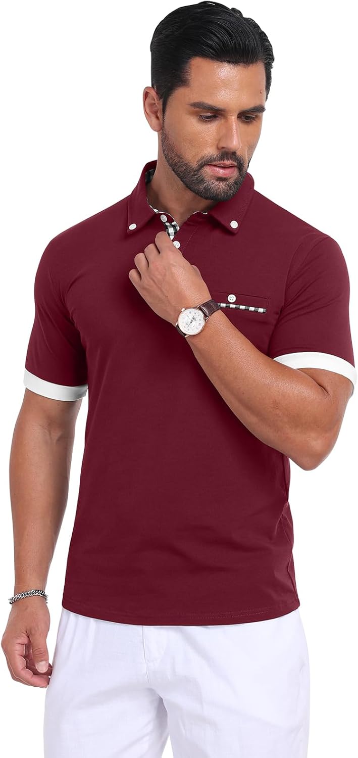 Mens Casual Short Sleeve Summer Polos Plaid Splice Fashion Button Cotton T-Shirt Golf Tennis Tops