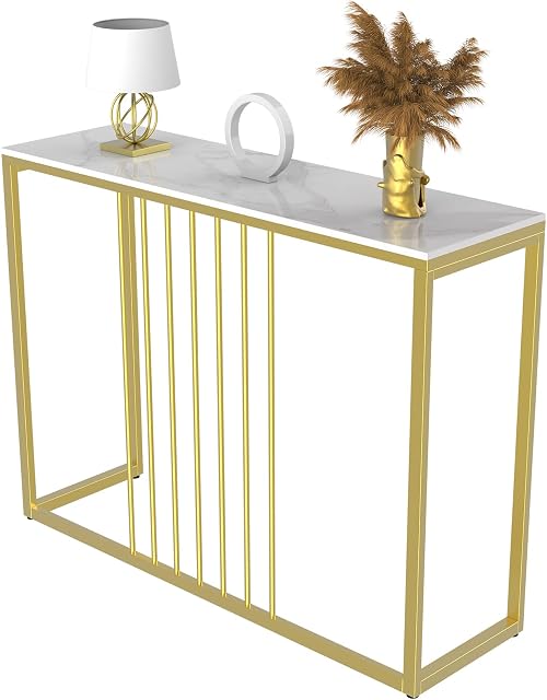 Slim Console Table Hallway Unit: White Marble Top Consoles Desk Long 100cm High Gloss Sintered Stone Marbles Effect and Gold Frame Narrow Tall Modern Sofa Side Tables Entryway Furniture Decor